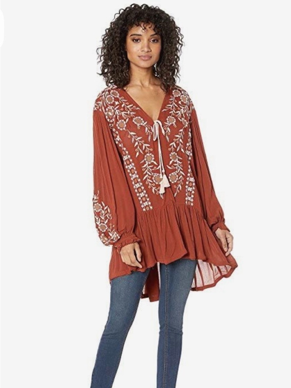 Free People Wild Dreams Embroidered Tunic Boho Brown Floral Size XS Oversized